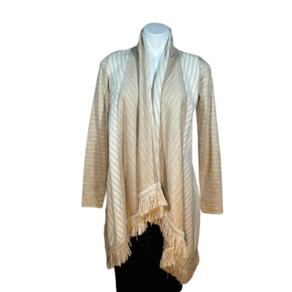Anthropologie Saturday Sunday Beige Elise Fringe Sweater Cardigan asymmetrical - Picture 2 of 15